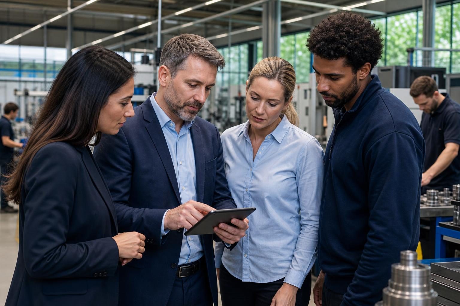 Recruitment and operations staff reviewing pay structures in a European engineering workplace.