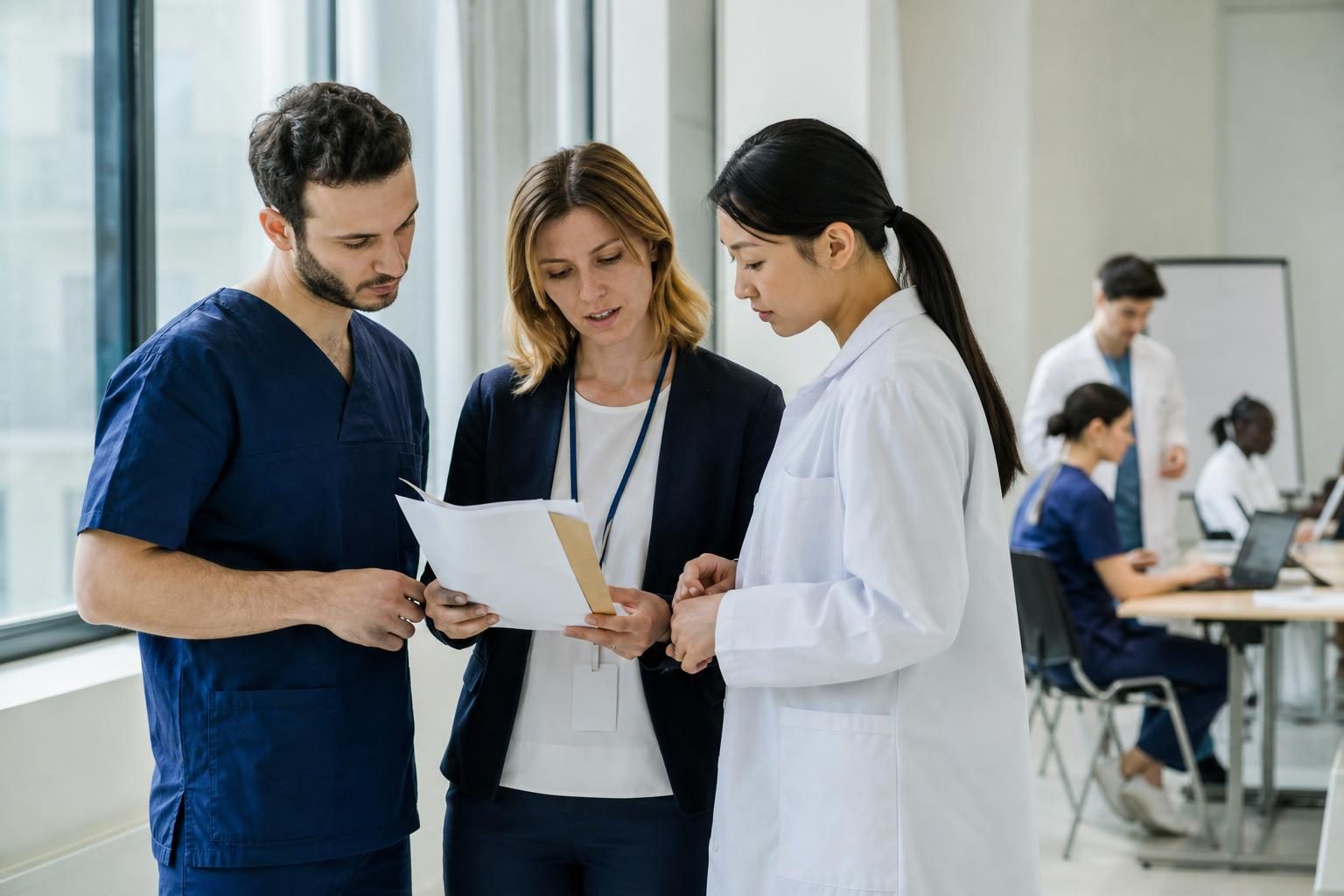International healthcare professionals reviewing qualification documents with a hospital coordinator in Germany.
