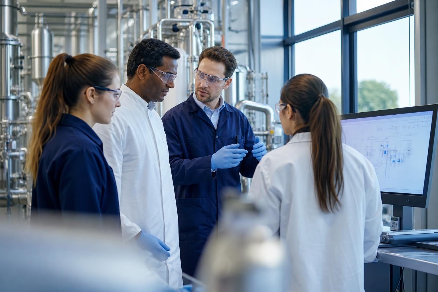 Engineers and laboratory technicians working together in a modern Irish manufacturing facility.