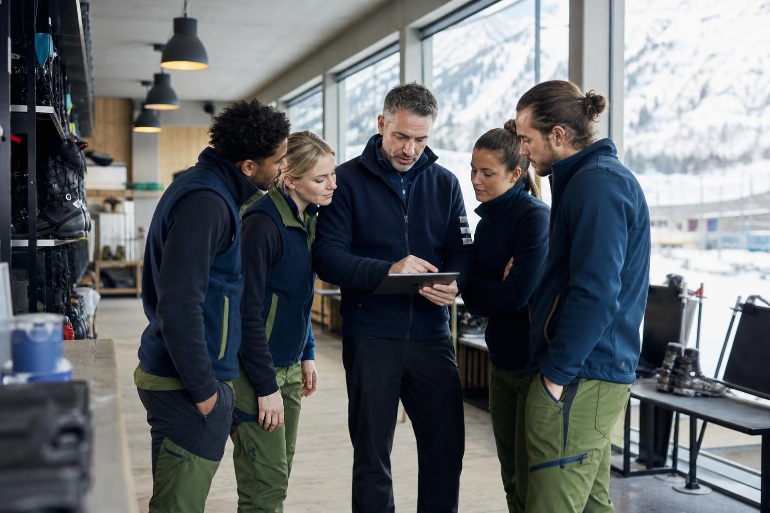 Seasonal employees preparing a Nordic mountain resort for the winter tourism season.