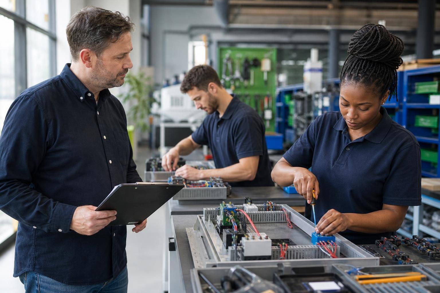 Candidates complete a practical skills assessment while a recruitment manager observes in a European workplace.