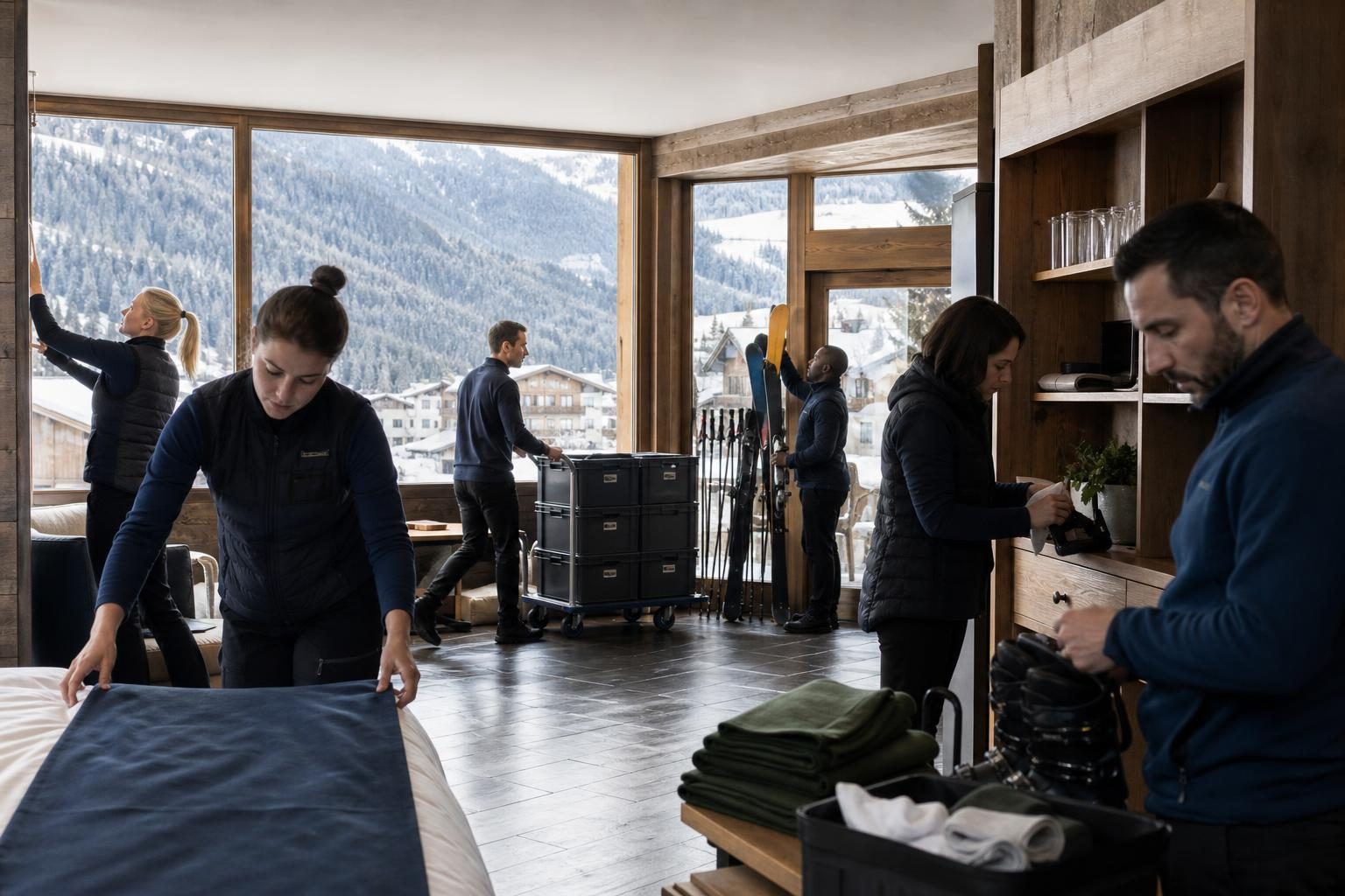 Hotel employees preparing an Alpine resort for the winter season while snow-covered mountains are visible outside.