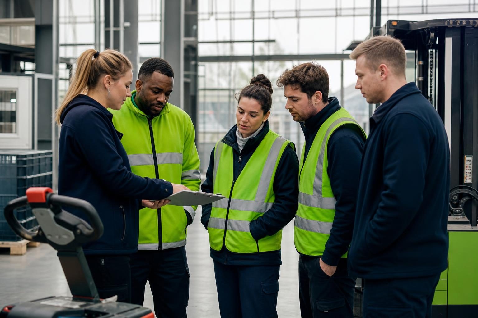 International workers receiving practical instructions inside a modern logistics workplace in the Netherlands.