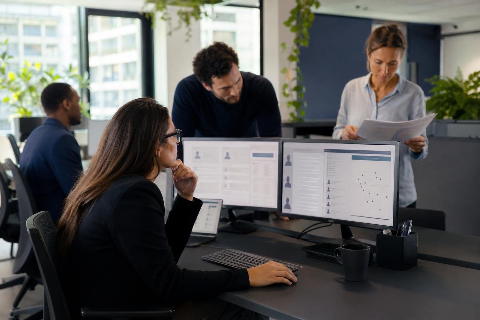 Recruitment professionals reviewing digital candidate assessments and compliance checks in a European office.