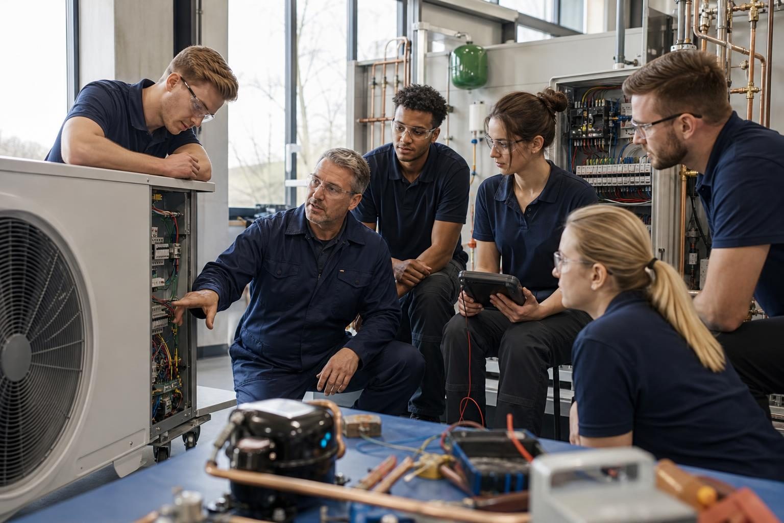 Electricians and heating technicians completing practical clean-energy equipment training in a European workshop.