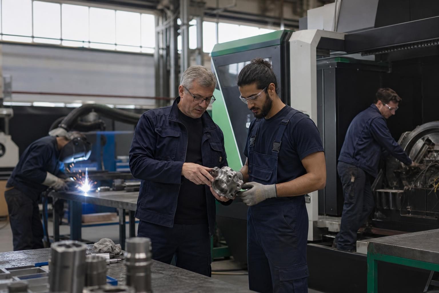 A production supervisor and CNC technician inspect a machined component in a modern European factory.