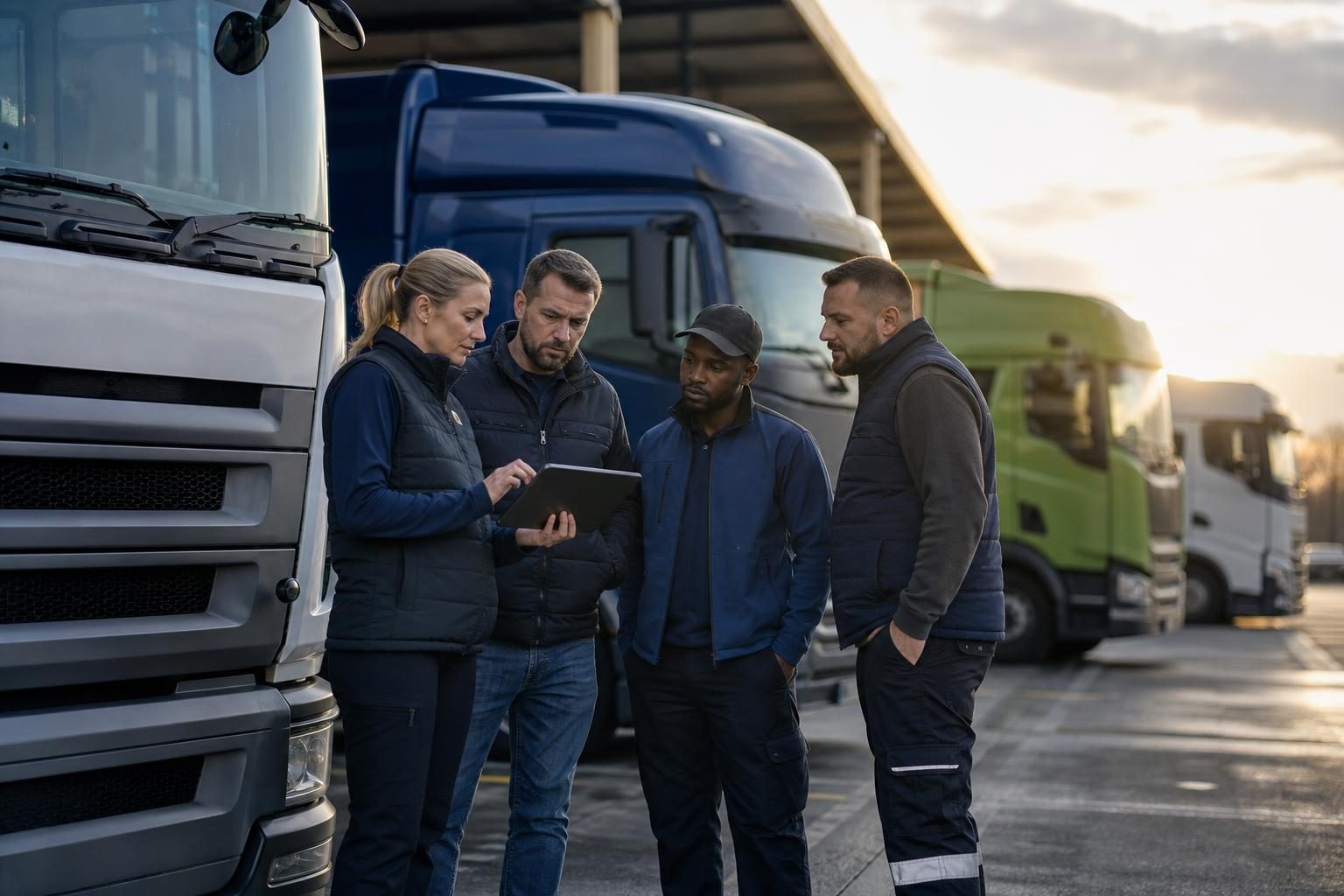 Truck drivers and a transport coordinator preparing for morning departures at a European logistics depot.