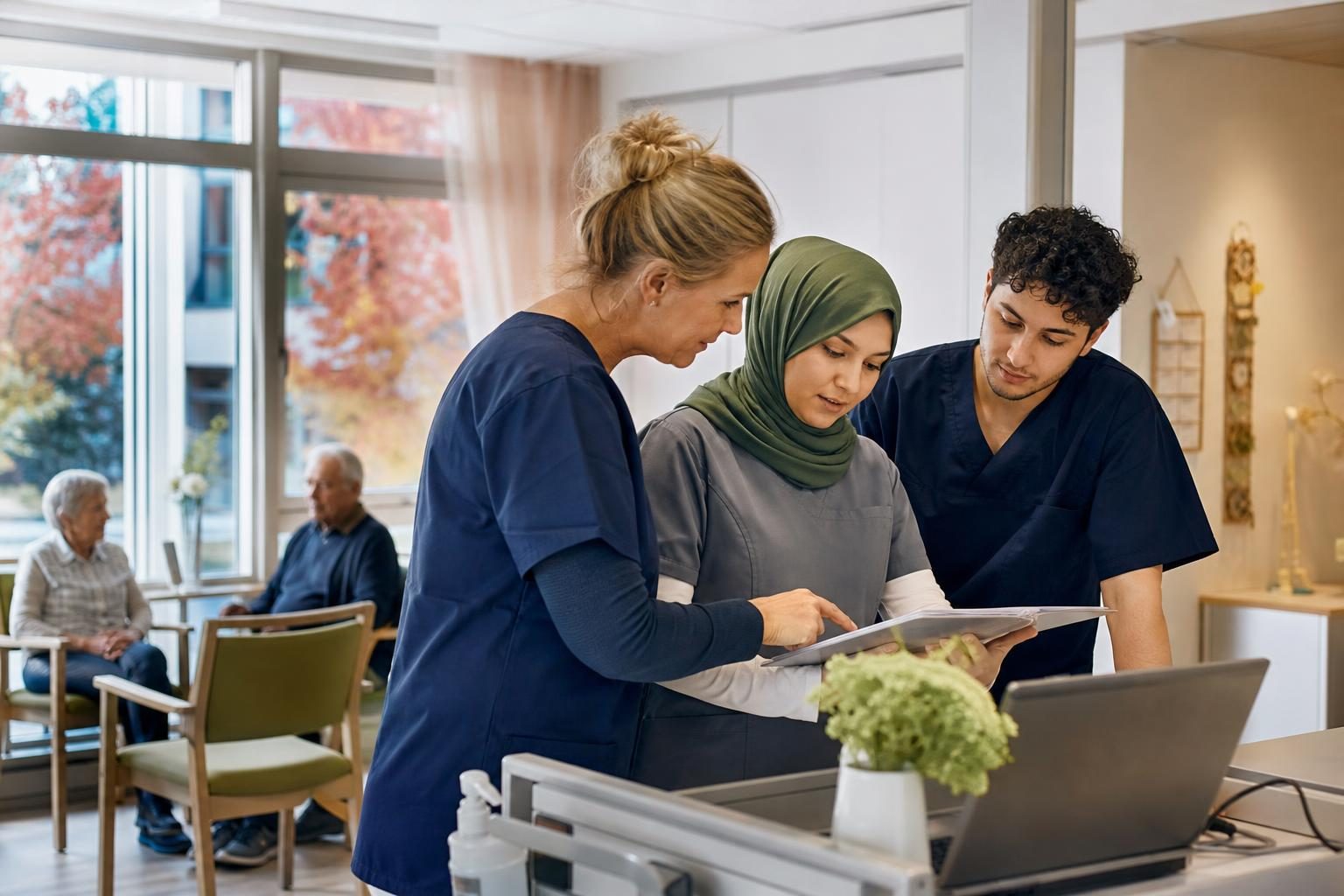 Care workers discussing their shift in a bright residential care facility in Germany.