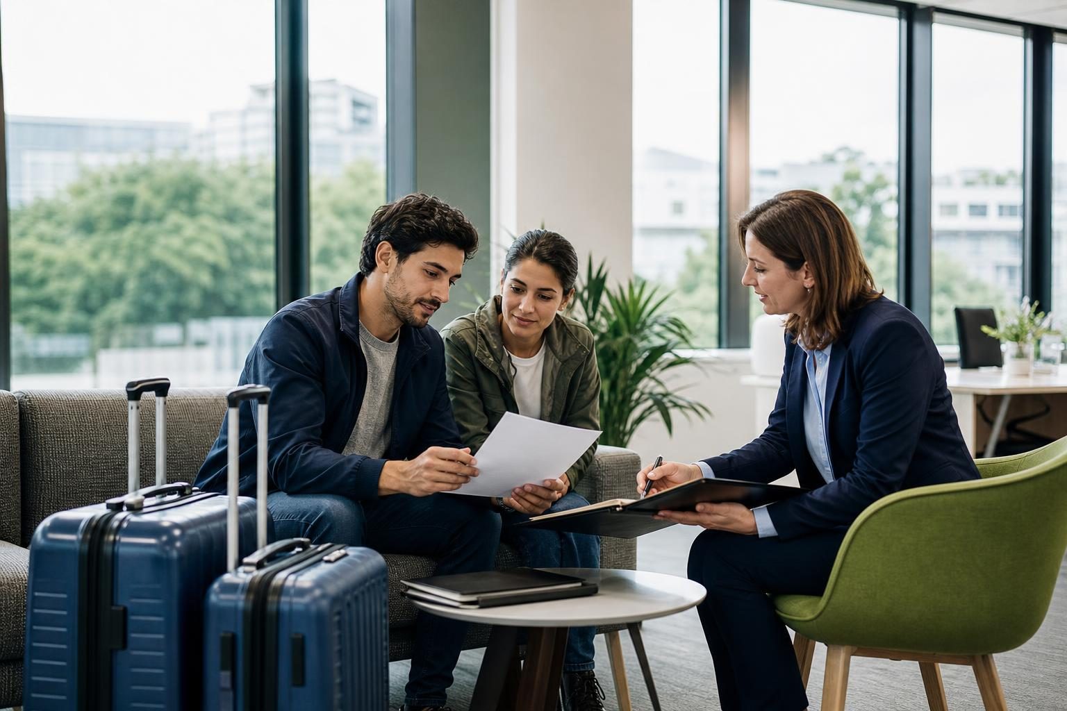Workers review employment and relocation documents with an adviser before moving abroad for new jobs.