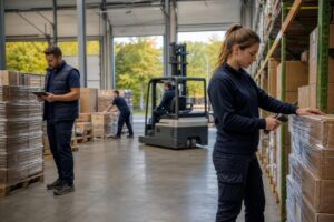 Warehouse workers scanning parcels and moving pallets in a modern European distribution centre.